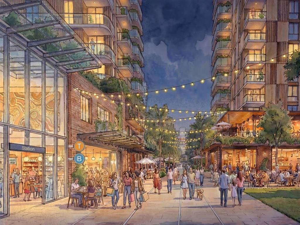 Pedestrian street lined with cafes and apartments with outdoor dining and people walking through a redeveloped Bondi junction precinct