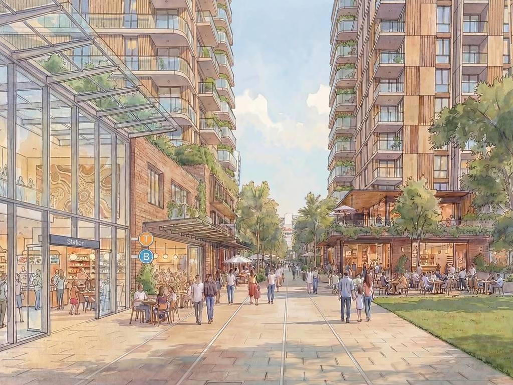 Mixed-use street with shops, dining and residential buildings with people walking through a landscaped urban precinct in Sydney
