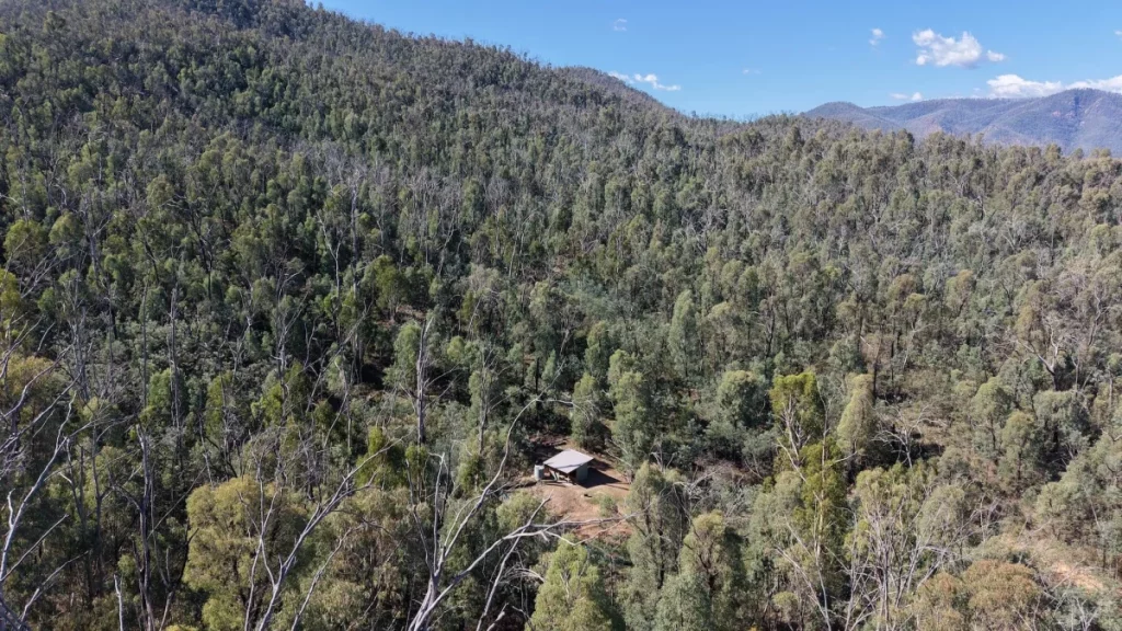 Aerial view of Ben Smith Campsite surrounded by forest along the Hume and Hovell Track near Tumut, NSW