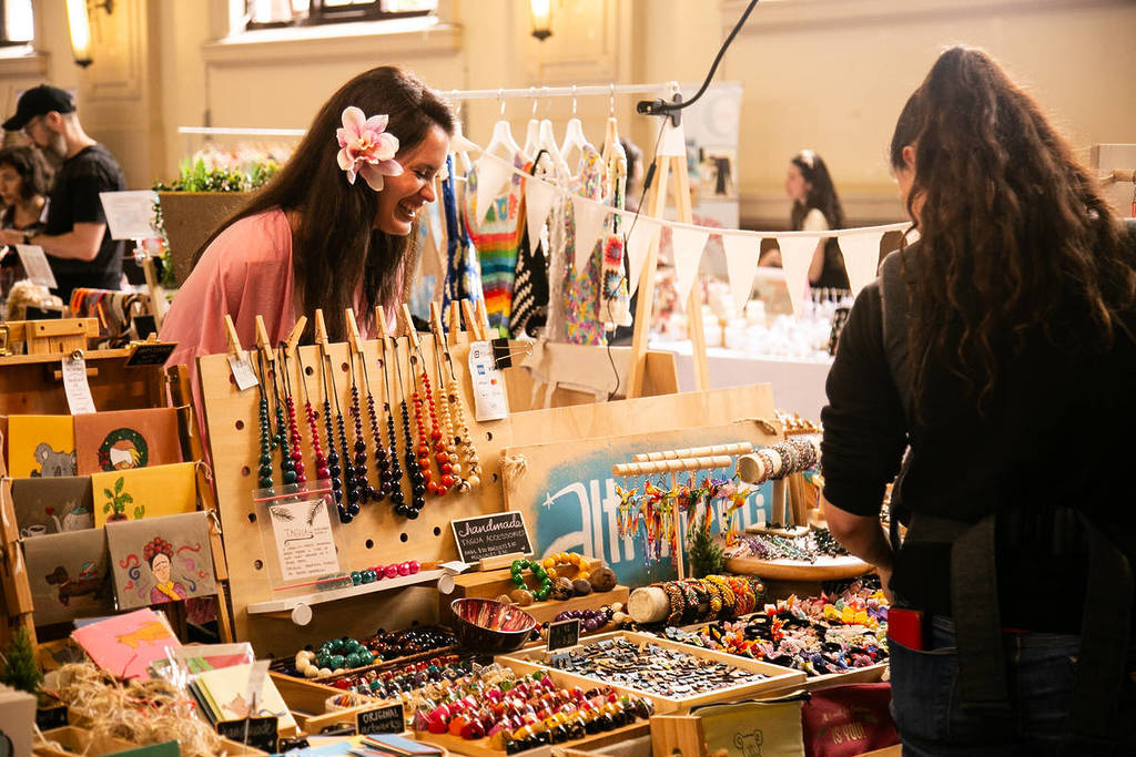 Visitors browse handmade jewellery, artwork and artisan products at the Winter Latin Makers Market in Marrickville