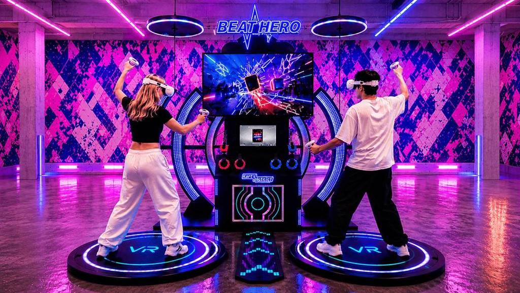 Two teenagers play Beat Hero at Kart District.