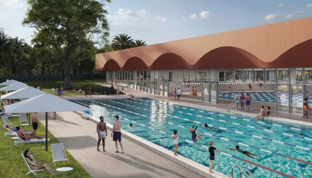 Artist's impression of the refurbished outdoor 50-metre pool and new aquatic facilities planned for Blacktown Aquatic Centre
