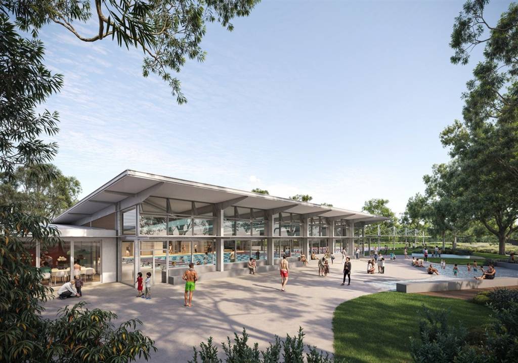 Artist's impression of the renewed Blacktown Aquatic Centre featuring new indoor swimming facilities, landscaped outdoor spaces and upgraded community amenities