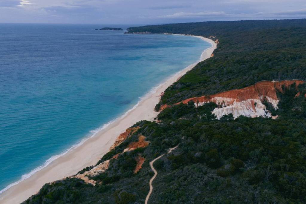 Aerial view of the Pinnacles Walking Track and rugged coastline in Beowa National Park on the NSW South Coast