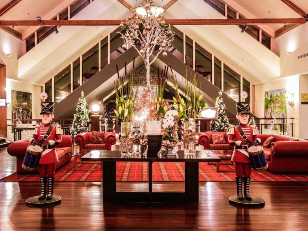 Christmas decorations and festive displays inside Fairmont Resort Blue Mountains during Yulefest
