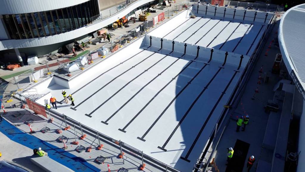 Olympic-sized outdoor pool under construction at the new Canterbury Leisure and Aquatic Centre in Sydney