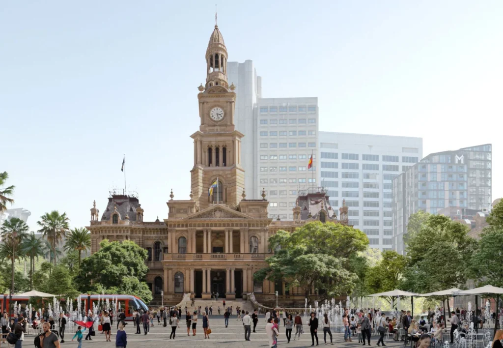Artist's impression of the proposed Town Hall Square redevelopment featuring new public spaces, greenery and gathering areas in Sydney CBD