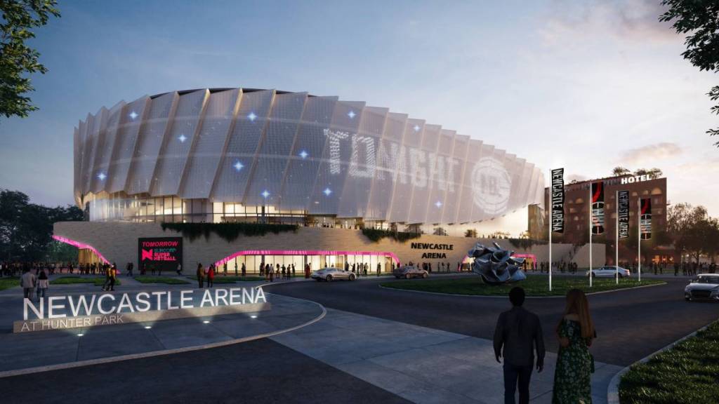 Artist's impression of the proposed Newcastle Arena and surrounding entertainment precinct in Broadmeadow.