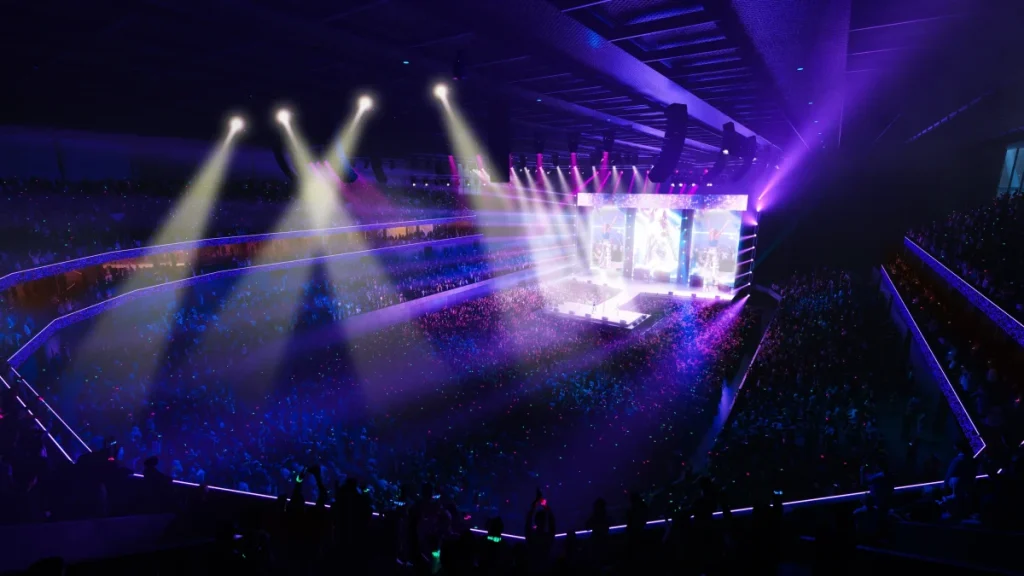 Artist's impression of a live concert inside the proposed Newcastle Arena with a large audience and illuminated stage