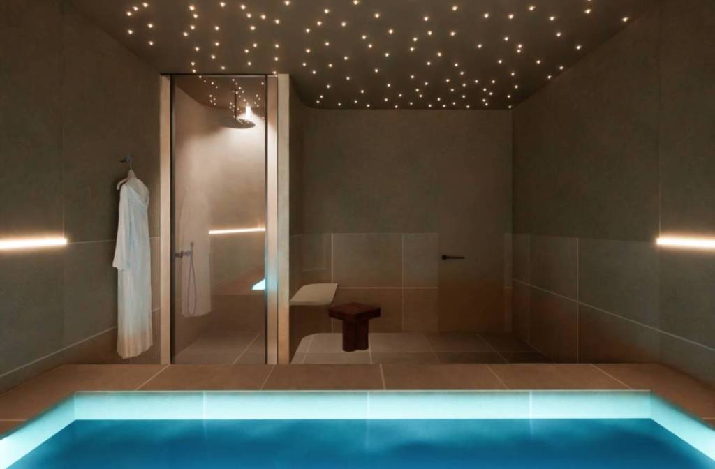 Artist's impression of a tranquil float pool beneath a star-inspired ceiling at Aura Spa & Bathhouse