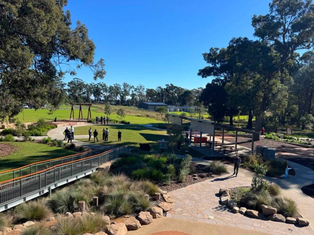 Aerial view of Toggerai Park in Appin with walking trails, picnic areas and open green space