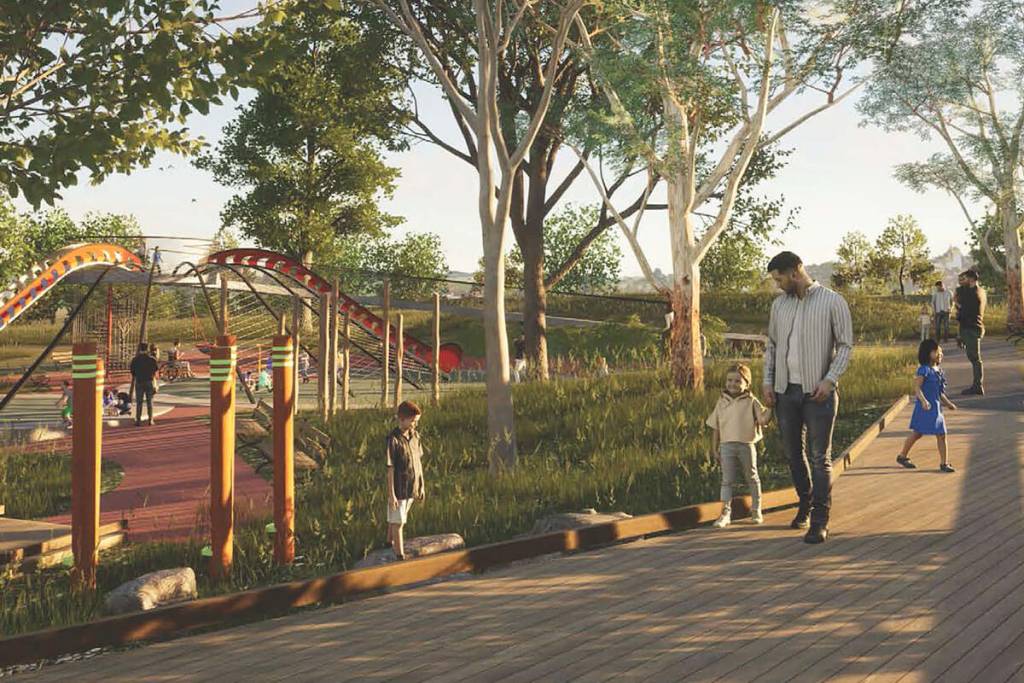Artist's impression of Toggerai Park in Appin featuring walking paths and a nature-inspired playground