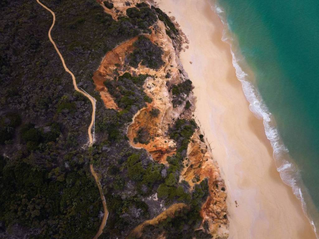 Aerial view of a coastal walking trail winding through a NSW national park beside a secluded beach