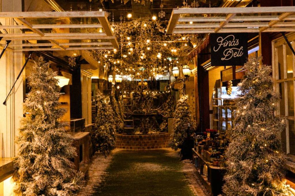 Winter-themed decorations and festive lights at Hay St Market during Winterfest in Sydney