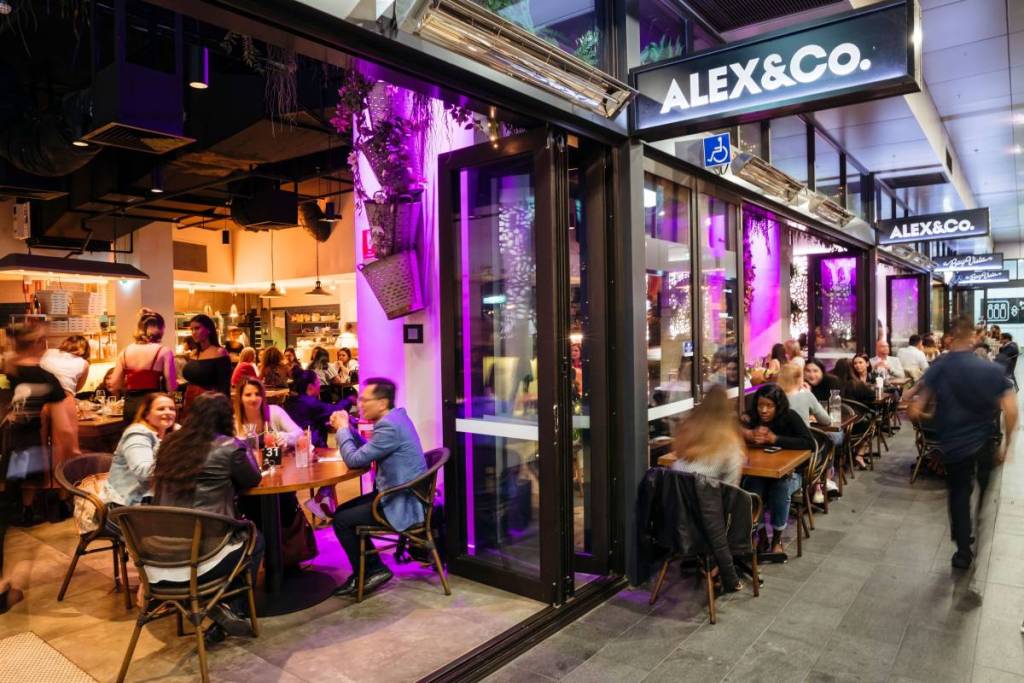 Outdoor dining and nightlife in Parramatta's CBD entertainment precinct after dark