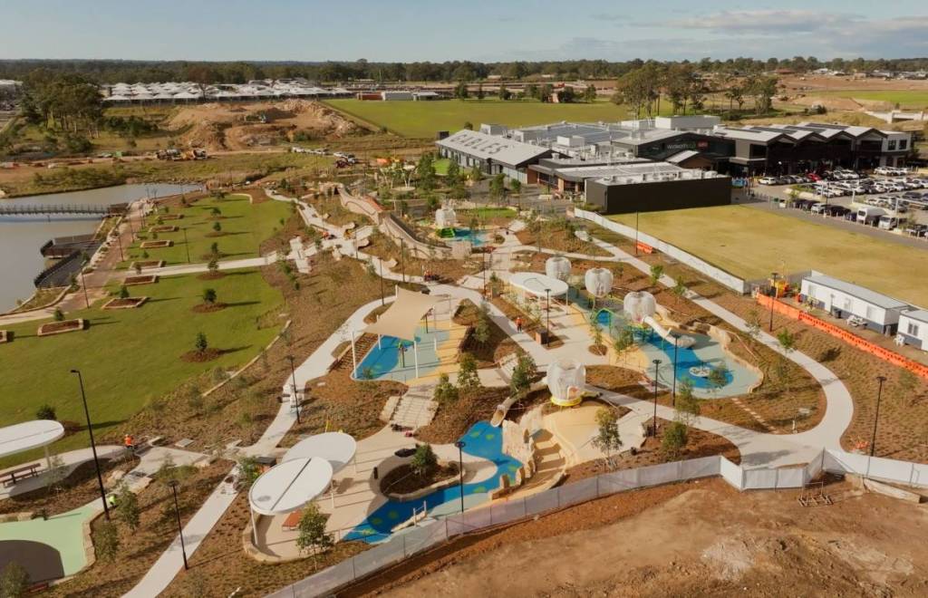 Aerial view of the new playground and Lake Foreshore at The Gables in Sydney's Hills District