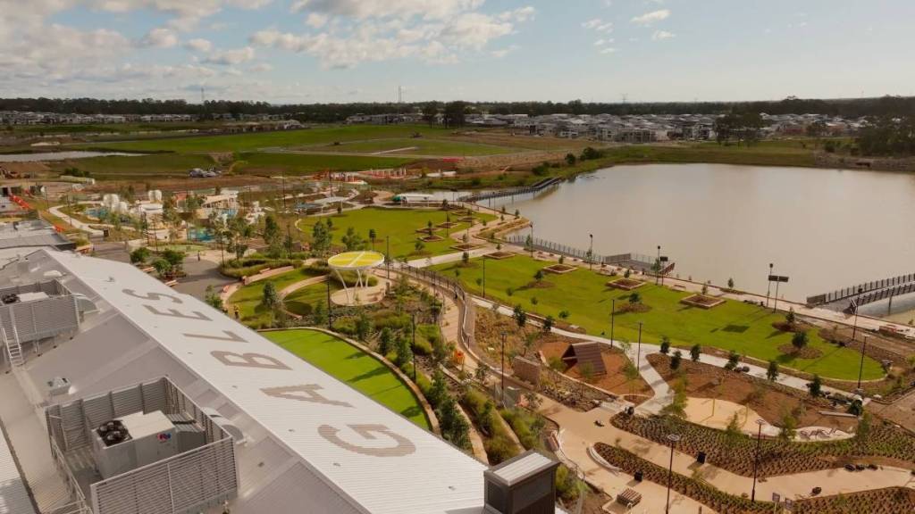 Aerial view of The Gables Lake Foreshore with boardwalks, walking trails and open parkland in Sydney's Hills District