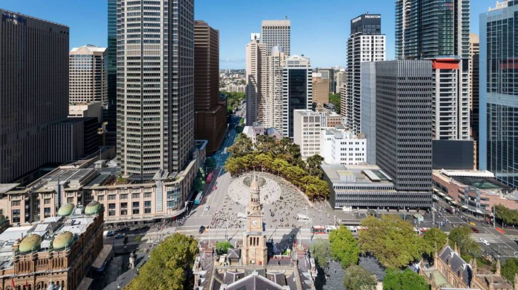 Aerial shot of Sydney's town hall square