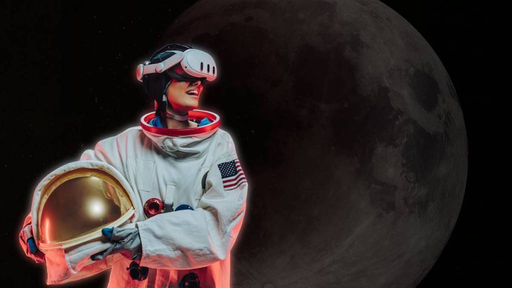 A woman in a spacesuit and VR glasses poses against the backdrop of the moon at LUNA: A Journey to the Moon.