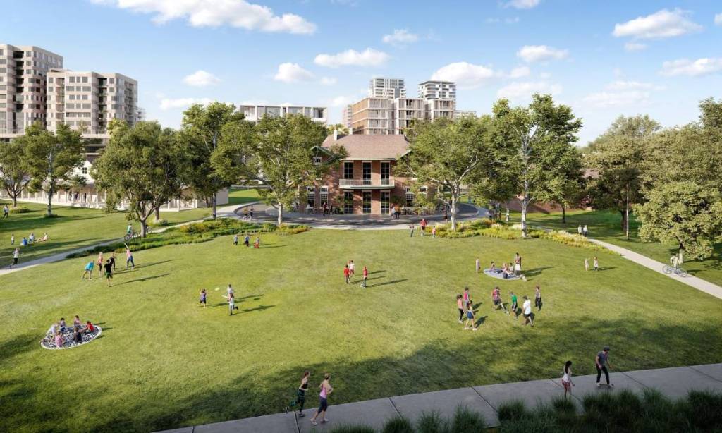 Artist’s impression of new parkland and walking paths surrounding a heritage building in Parramatta North