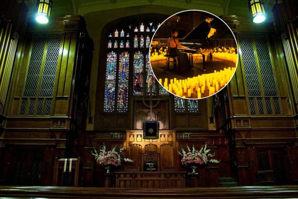 St. Stephen's Uniting church overlaid with a photo of Candlelight.