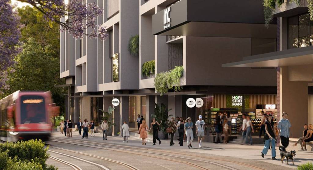 tram stop near melrose central precinct in melrose park, sydney