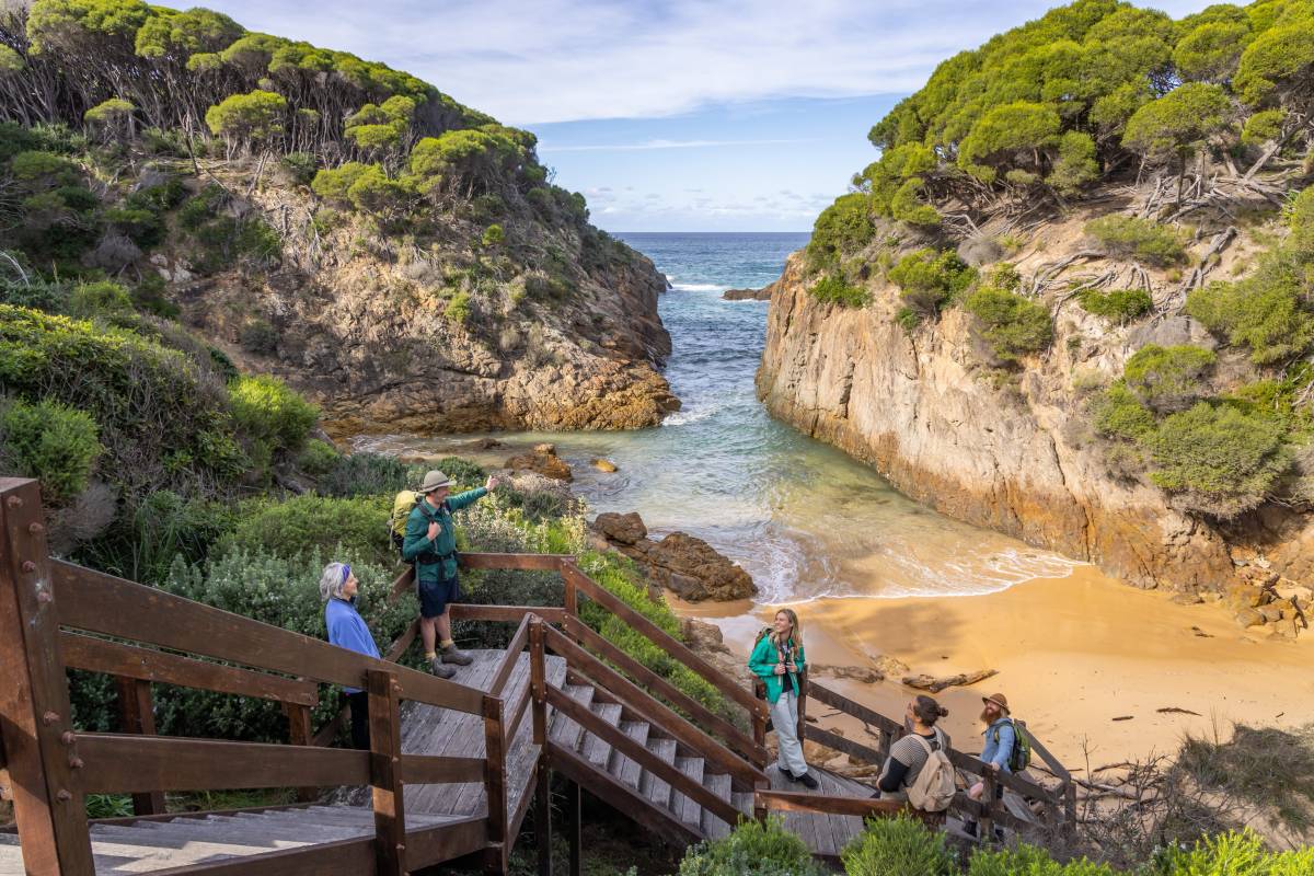 Hikers descend towards a secluded golden-sand beach surrounded by rocky cliffs and coastal bushland near Merimbula