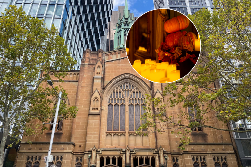 The exterior of St Stephen's Uniting Church in Sydney at daytime plus pumpkins and candles at a Halloween Candlelight concert