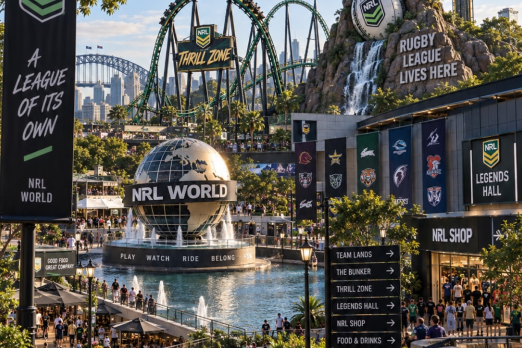 Artist's impression of the proposed NRL World attraction with rollercoasters, NRL team branding and the Sydney skyline