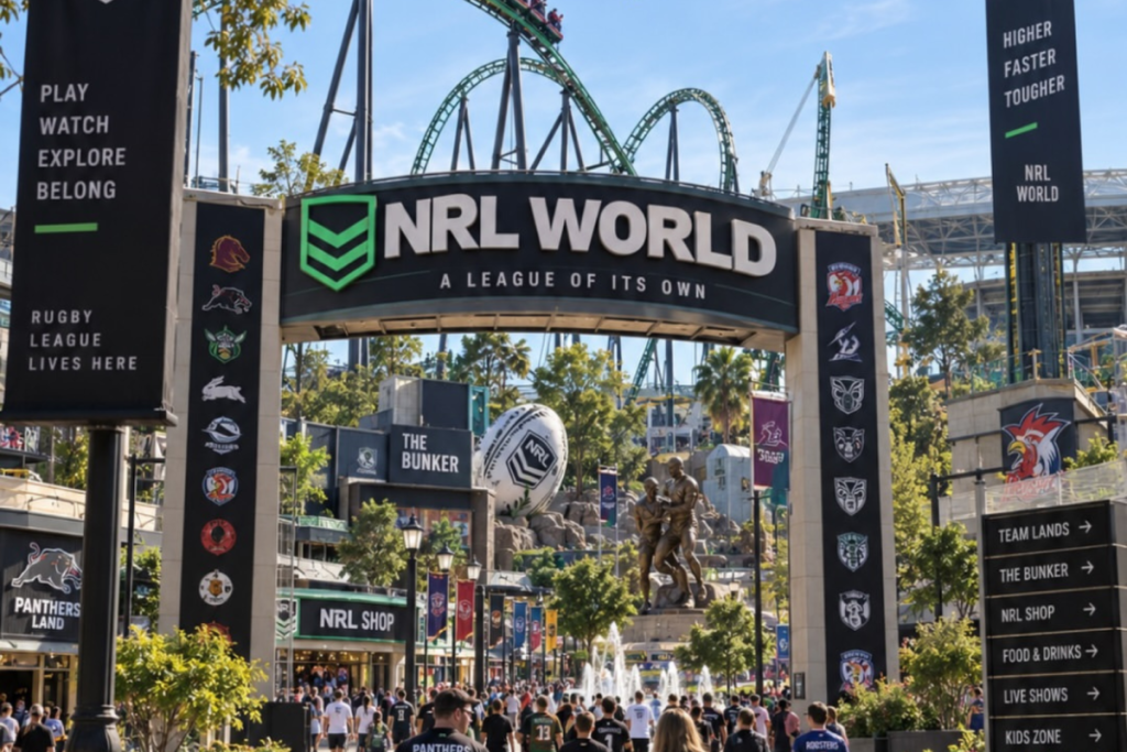 Concept image of a proposed NRL World attraction featuring a large entrance, rollercoasters and rugby league branding