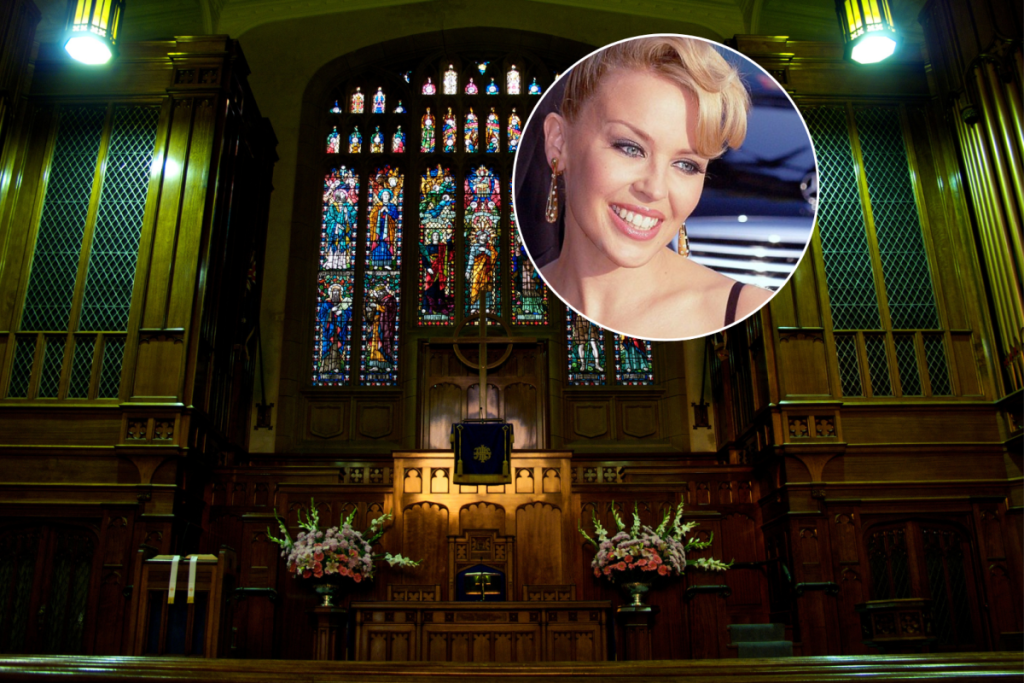 St Stephen's Uniting Church in Sydney's interior nave plus Kylie Minogue smiling