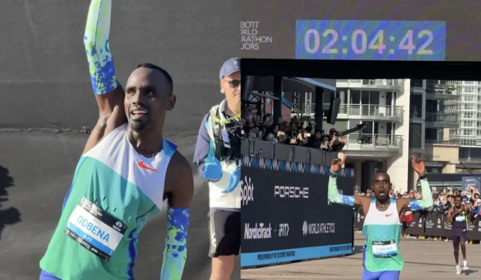 Addisu Gobena crosses the Sydney Marathon finish line in a record time