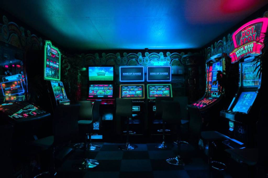 An arcade lit up in blue lights