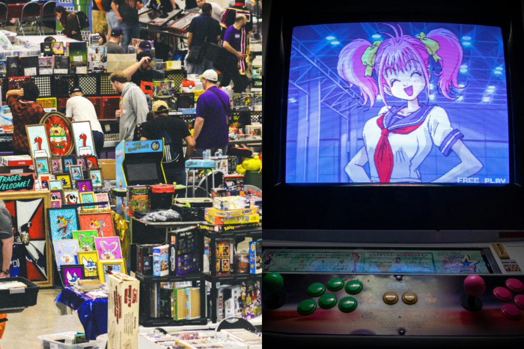 an anime convention filled with collectibles and figures and an arcade with an anime character on one of the game machines
