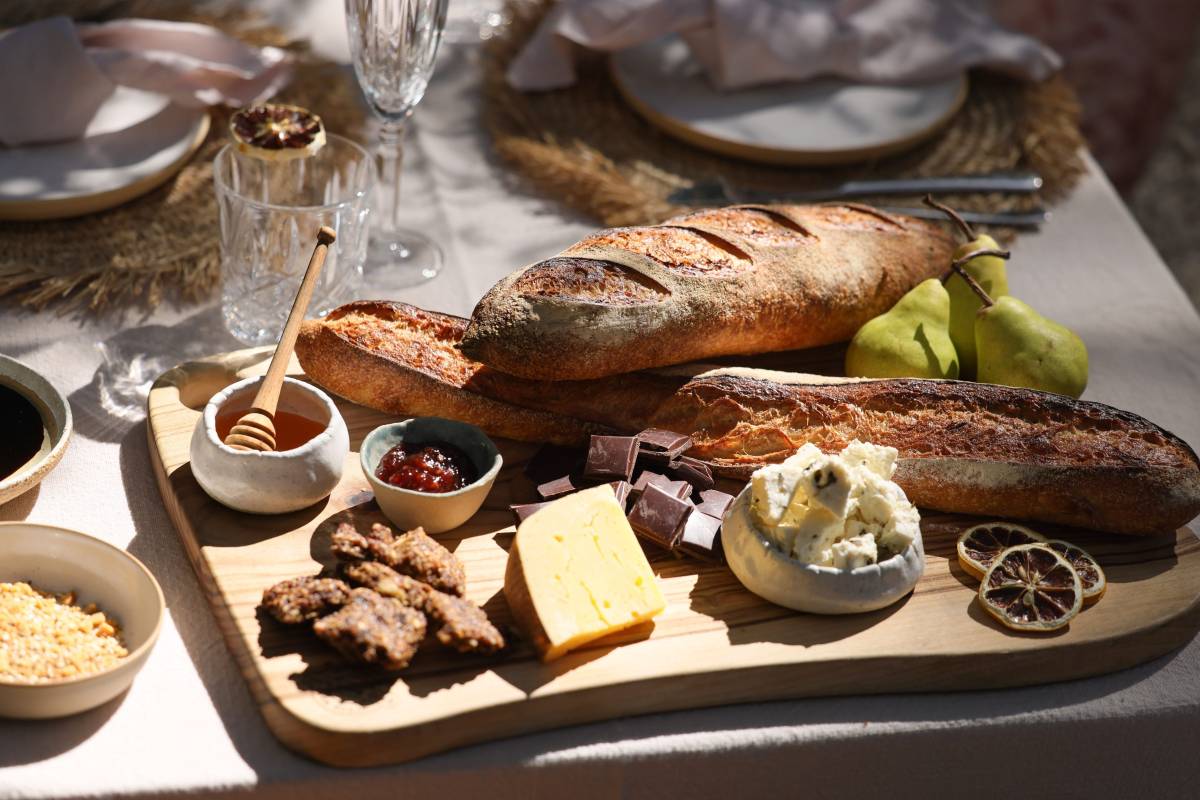Fresh bread, cheese, fruit and local produce served on a table in The Tweed