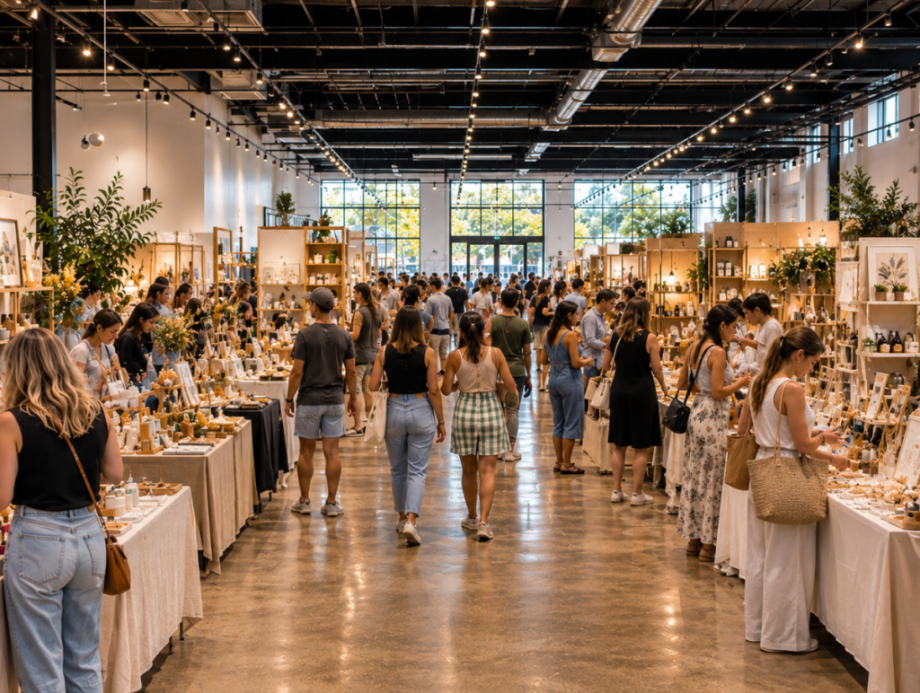 Crowds browse stalls selling homewares, art and handmade goods at an indoor market in Sydney