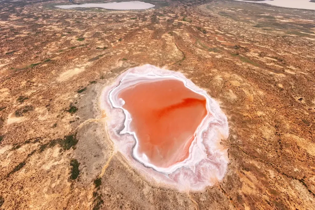 Aerial view of a pink-orange salt lake surrounded by white mineral deposits and vast arid terrain in outback NSW