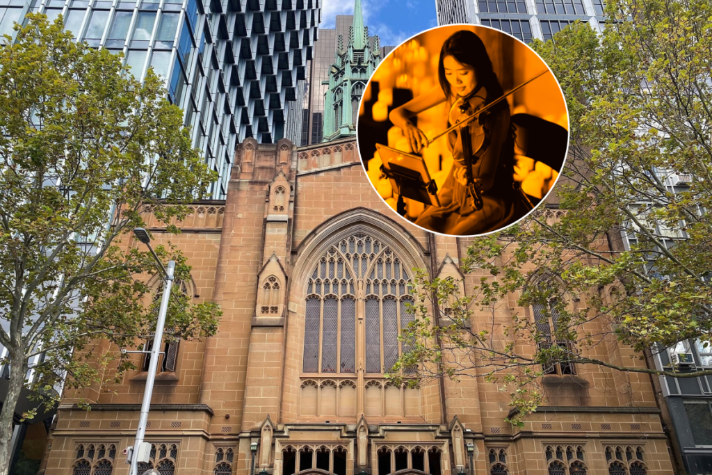 The grand entrance of St Stephen's Uniting Church on Macquarie Street in Sydney and a woman playing the violin on stage