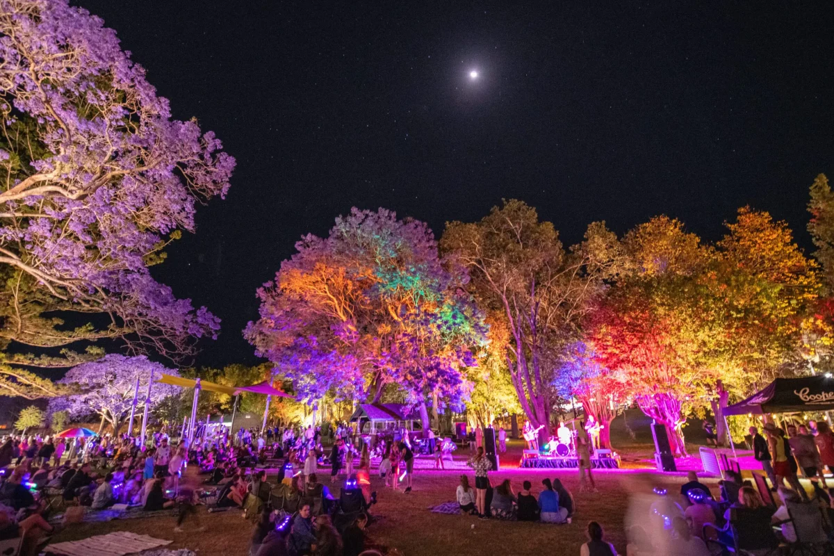 Jacaranda trees illuminated in purple, pink, orange and yellow light at See Park in Grafton, with crowds gathered for live entertainment during the Illuminate event