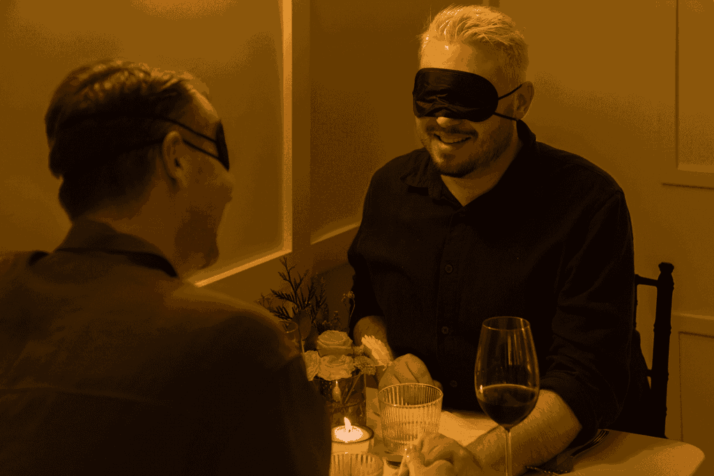 A couple blindfolded with food and wine on the table at Dining in the Dark