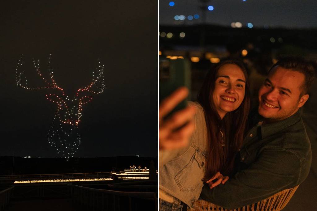 Illuminated drones fly over a string quartet