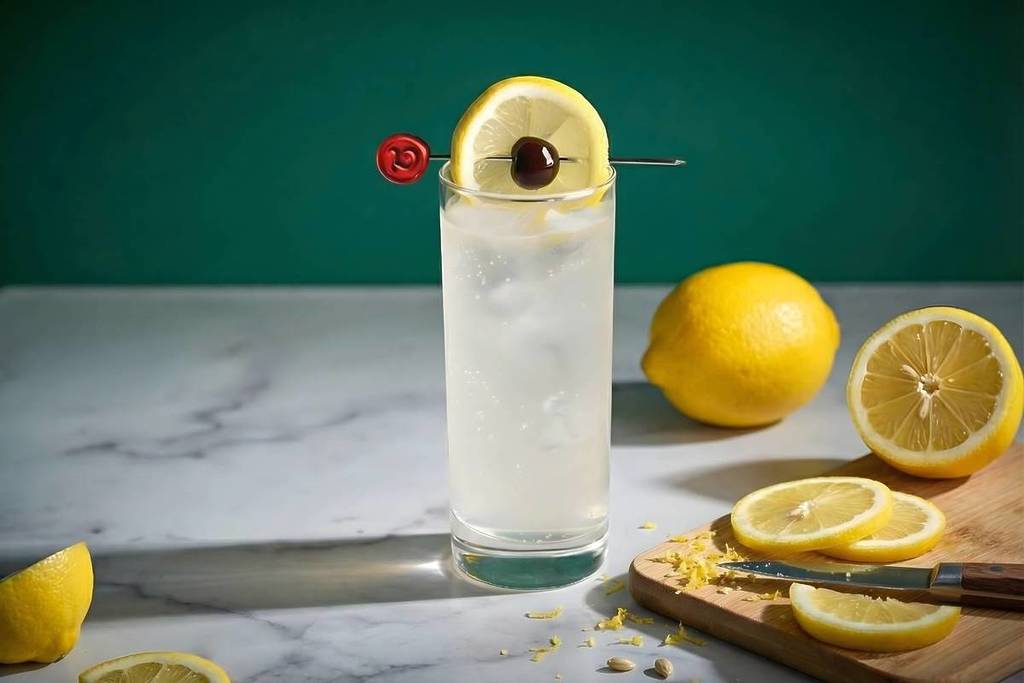 a tom collins cocktail in a tall glass garnished with a lemon slice and maraschino cherry