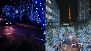 六本木けやき坂イルミネーション:白と青の光と東京タワーの点灯準備