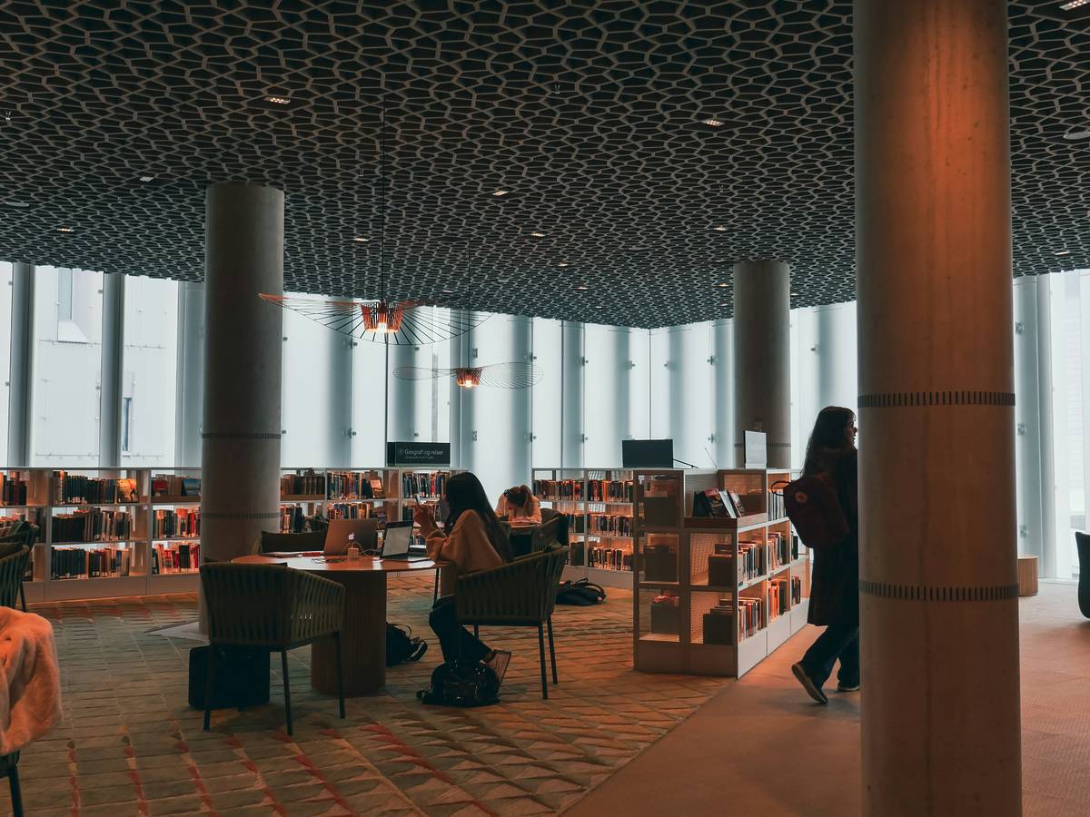 study spaces within a public library, woman sits at desk