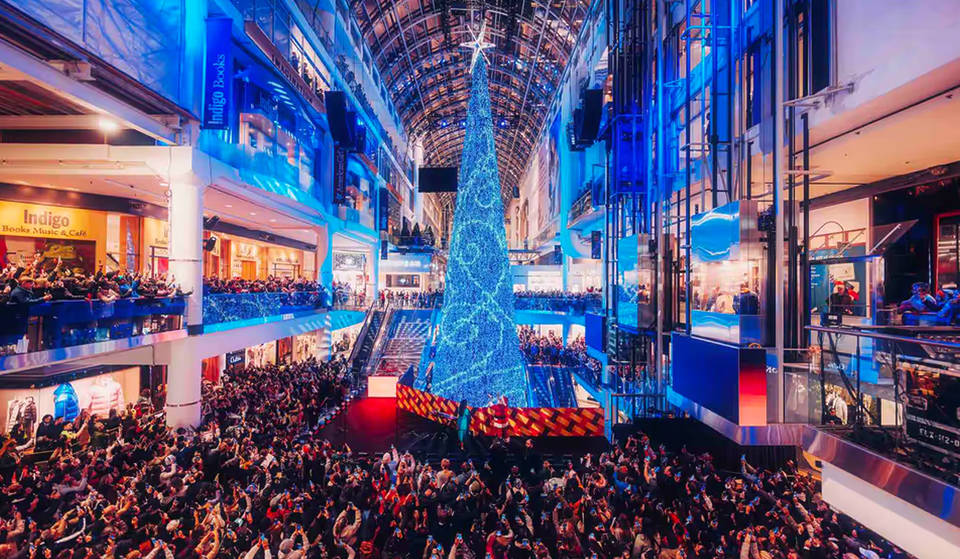 Le gigantesque sapin de Noël de 114 pieds de Toronto est de retour avec des spectacles de neige intérieurs magiques