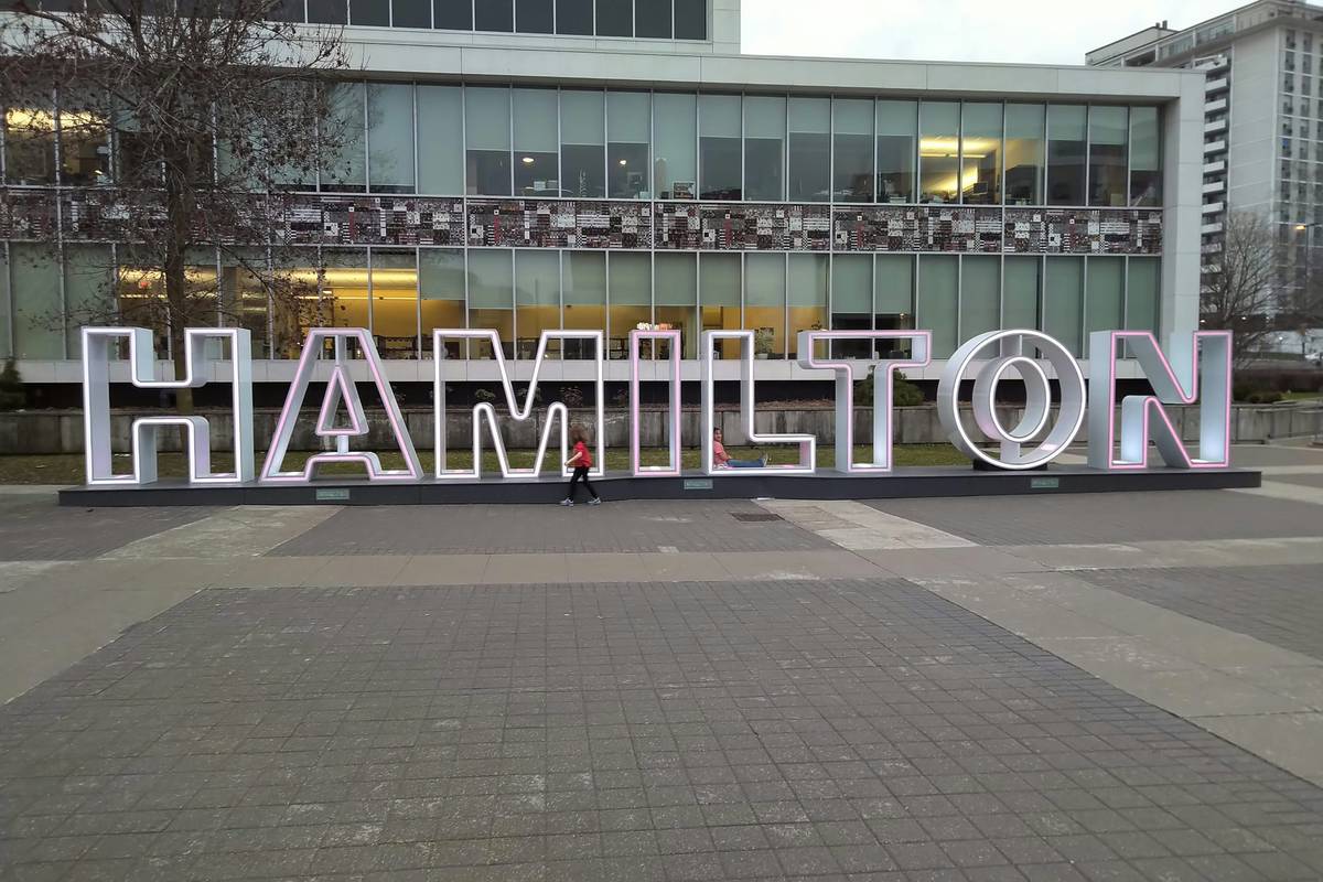 A sign that reads 'Hamilton' outside of a building in Ontario.