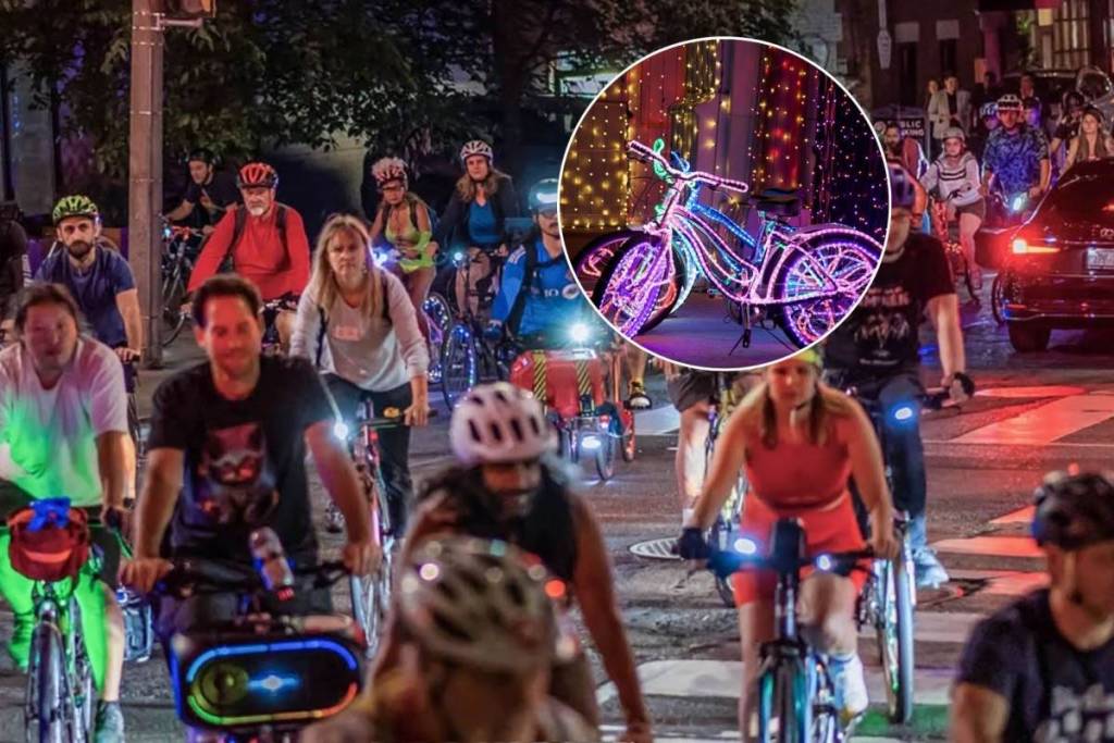 A neon-lit bike party with thousands of glowing lights is rolling ...