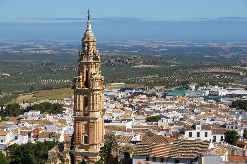 tower of the Victoria church in Estepa, Seville. Andalusia, Spain