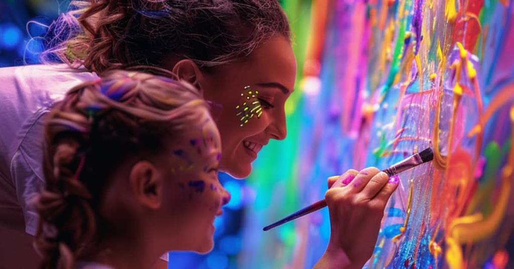 bambina e mamma dipingono con un pennello insieme su una tela con colori neon e brillanti