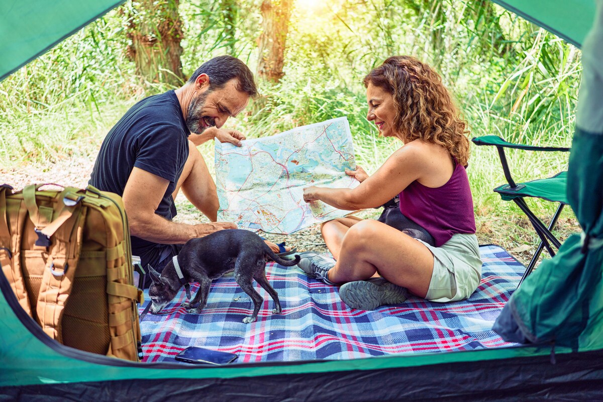 Photo d'un couple en train de camper au milieu d'une forêt, regardant une carte avec autours d'eux une tente, une chaise de camping, un sac à dos et un petit chien